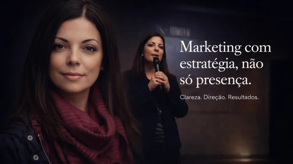 Susana Claro em grande plano e ao fundo a apresentar um evento.